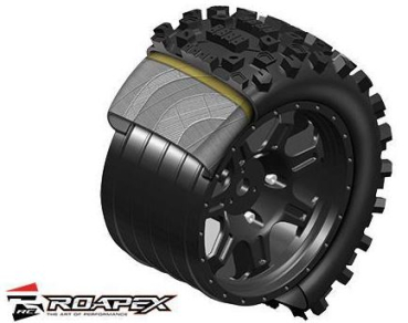 RXR3007-B2 Reifen -1/10 Monster Truck - Schwarze Felge - montiert - mit Gürtel - 12 mm Sechskant - 1/2 Versatz - RHYTM (2 Stück)